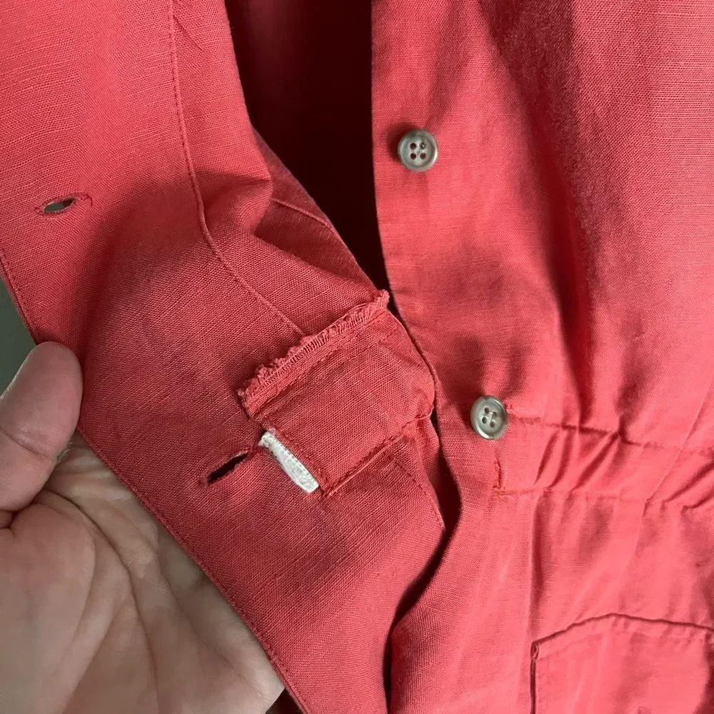 Talbots Linen Blend Shirt-Dress With Pockets Short Sleeve Red Rustic M-L